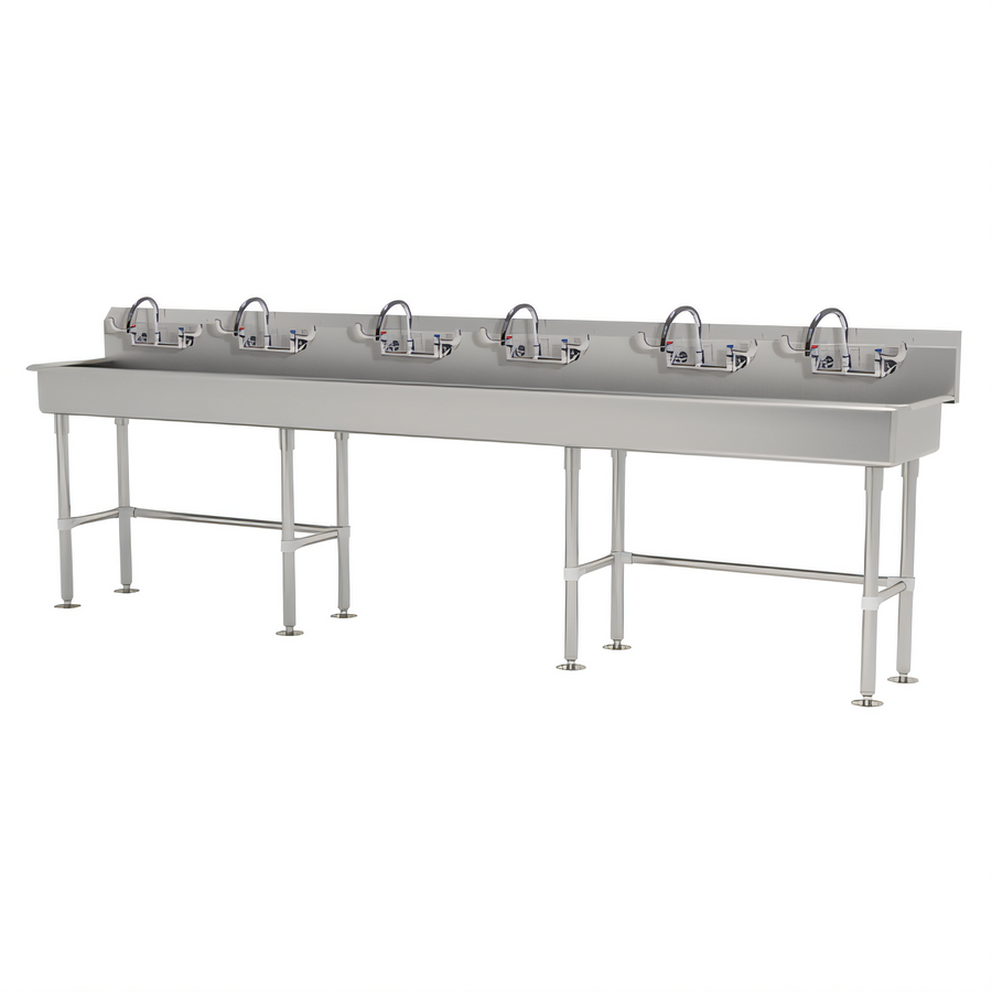 Product image #1 for Advance Tabco FS-FM-120-ADA-F 120-Inch 6-Station ADA Compliant Freestanding Multiwash Hand Wash Sink with Gooseneck Faucets