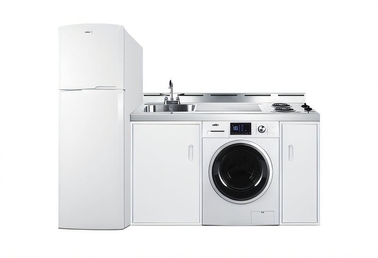 Product image #1 for Summit Appliance 83-Inch All-In-One Kitchenette with 2-Burner Coil Cooktop, 22-Inch Full-Size Refrigerator/Freezer, Washer/Dryer Combo, Sink and Faucet