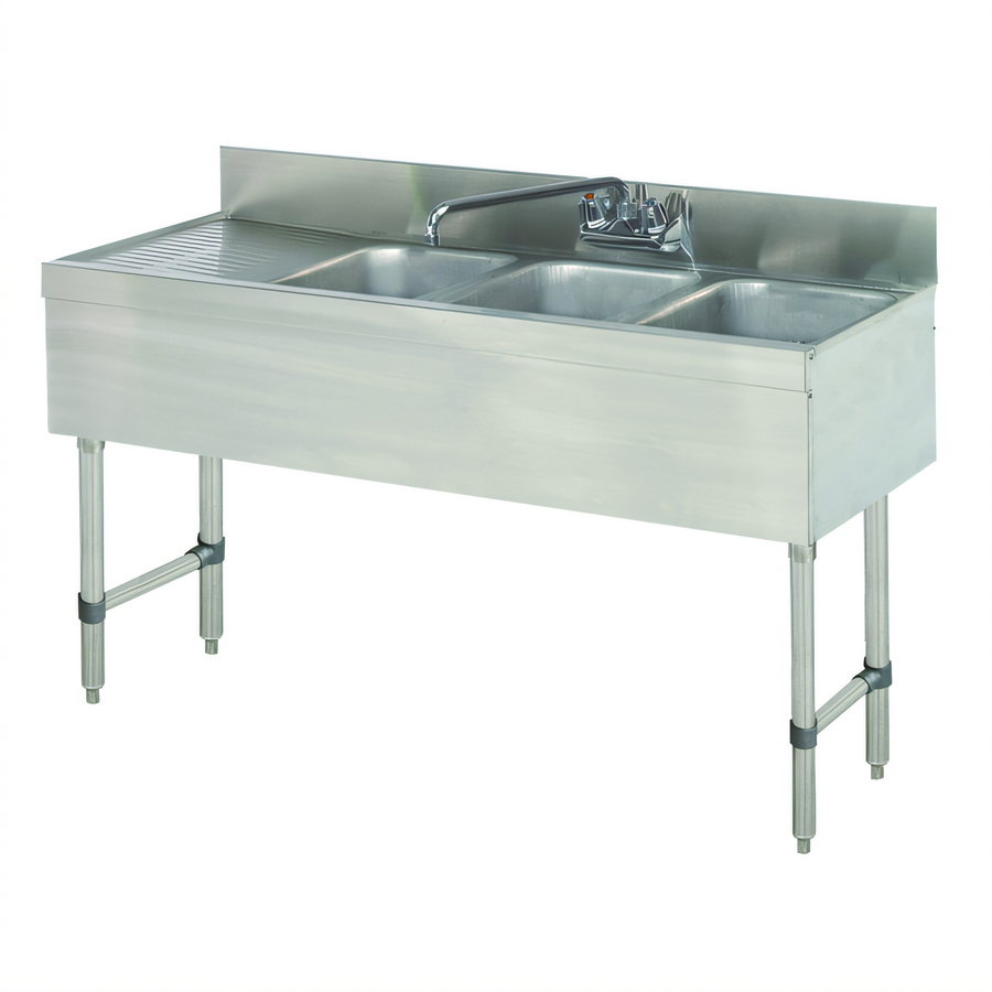 Product image #1 for Advance Tabco Special Value Series 3-Compartment Stainless Steel Bar Sink with Left Drainboard and Splash-Mounted Faucet, 48-Inch W x 18-Inch D x 33-Inch H
