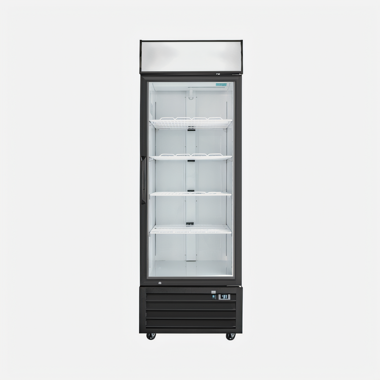 Product image #1 for Hurakan by Equip.me 27-Inch Single Glass Door Reach-In Refrigerated Display Merchandiser, 19.2 Cu. Ft., Bottom-Mounted Compressor