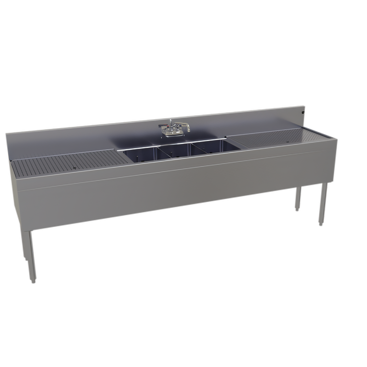 Product image #1 for Glastender Three-Compartment Stainless Steel Underbar Sink Unit with Left and Right 30-Inch Drainboards