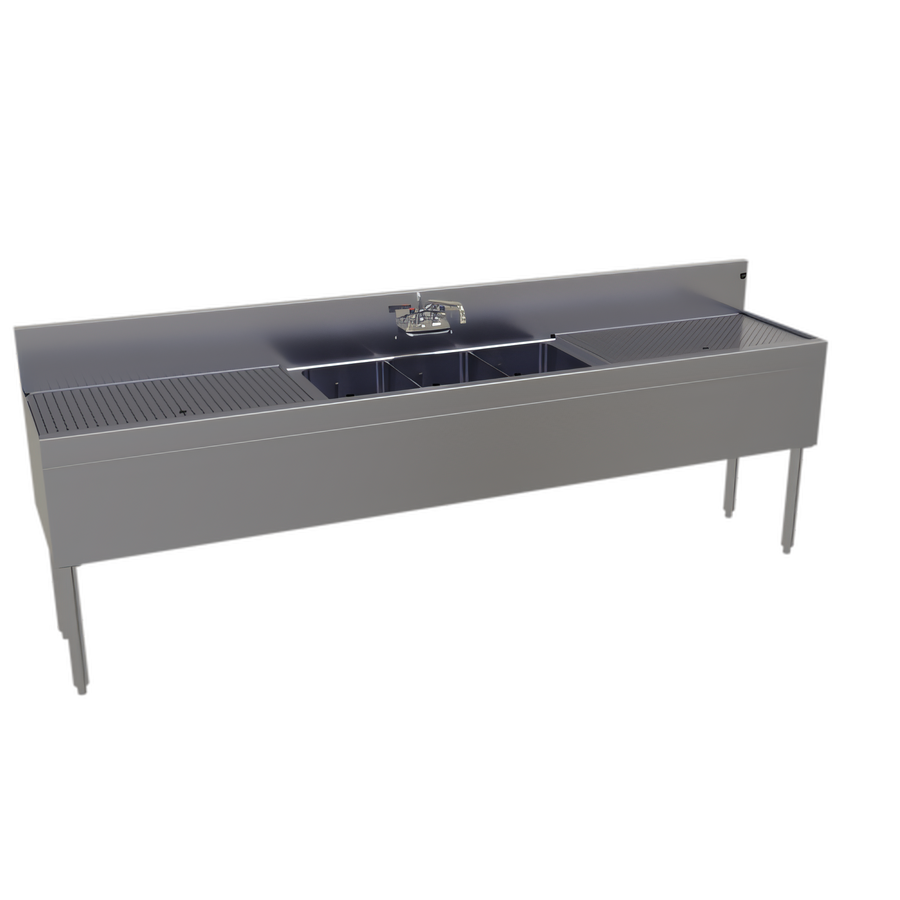 Product image #1 for Glastender Three-Compartment Stainless Steel Underbar Sink Unit with Left and Right 30-Inch Drainboards