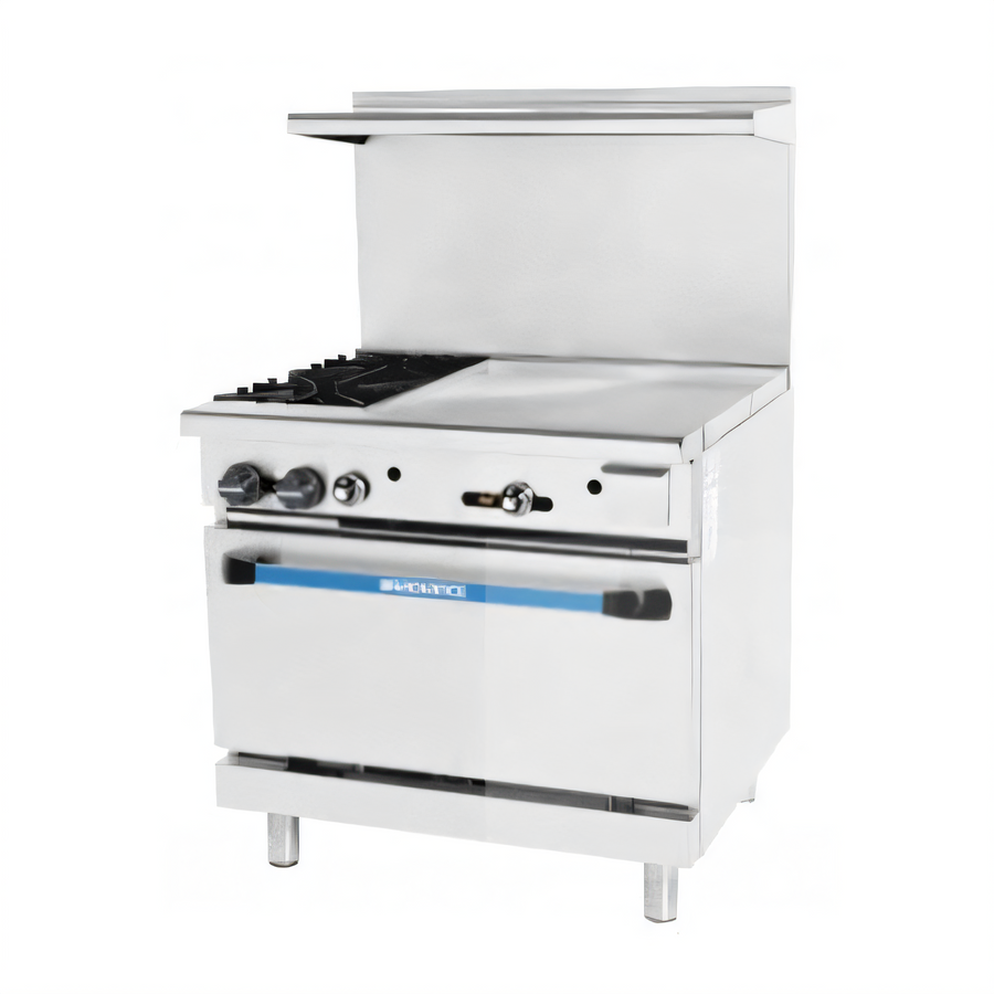 Product image #1 for Turbo Air Radiance 36-Inch Natural Gas Combination Restaurant Range with 24-Inch Left Griddle, 2 Open Burners, and Standard Oven