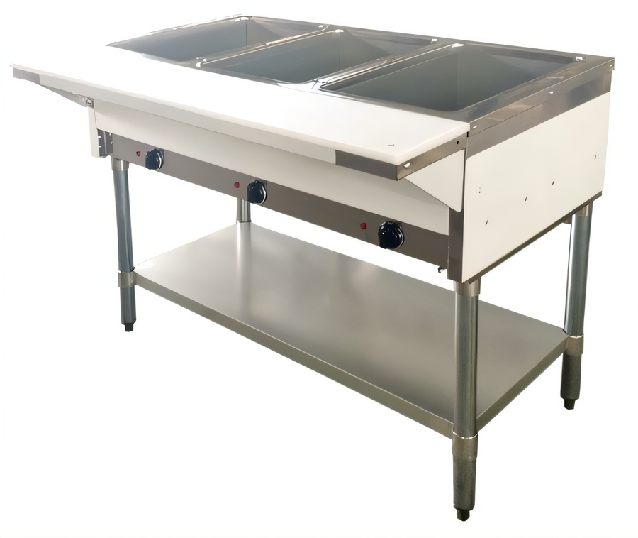 Product image #1 for Omcan Natural Gas Open Well Steam Table, 3 Full-Size Pan Capacity, with Cutting Board and Undershelf