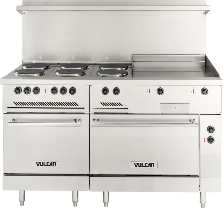 Product image #1 for Vulcan 60-Inch Electric Restaurant Range with 6 French Plates, 24-Inch Griddle, and Two Ovens, 208V