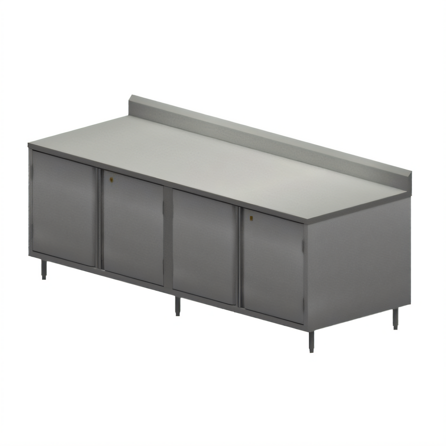 Product image #1 for BK Resources 96-Inch Stainless Steel Chef Table with Cabinet Base, Hinged Locking Doors, and 5-Inch Backsplash