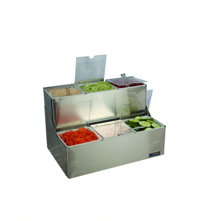 Product image #1 for EZ-Chill 2-Tier Stainless Steel Step Condiment Center with Individual Notched Lids, 6 x 1-Qt Inserts