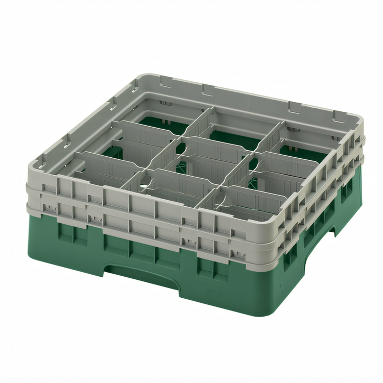 Product image #2 for Cambro Camrack® Full Size 9-Compartment Glass Rack with 2 Soft Gray Extenders, Sherwood Green, 5-7/8" Max Diameter, 5-1/4" Max Height