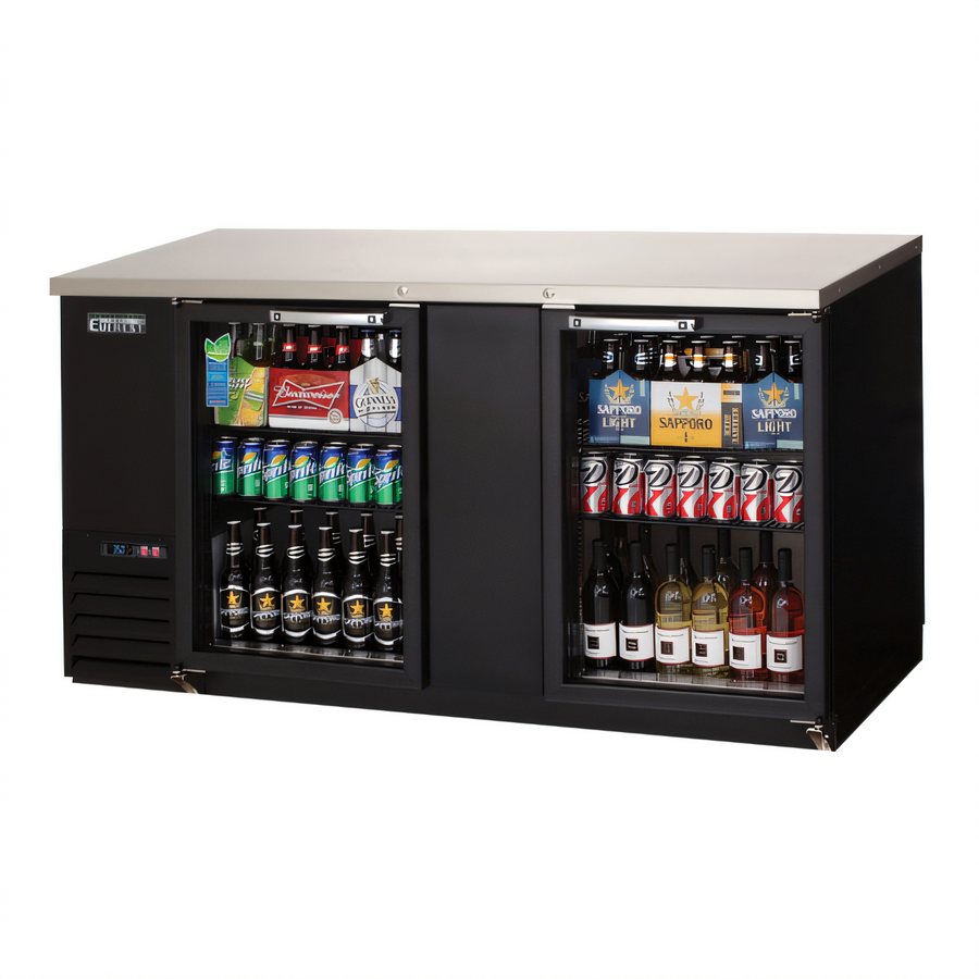 Product image #1 for Everest Refrigeration EBB69G Two-Section Glass Door Back Bar Refrigerator, 68 Inch, 24 Cu. Ft., Self-Contained Side-Mounted