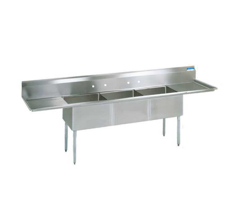 Product image #1 for BK Resources 120-Inch Wide Three-Compartment 304 Stainless Steel Sink with Left and Right Drainboards and 9-Inch Backsplash