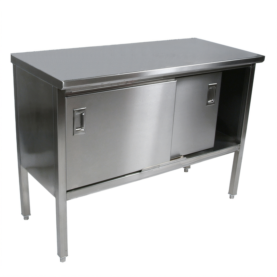 Product image #1 for John Boos Enclosed Work Table with Sliding Doors, 96 x 30 Inches, 14-Gauge 300 Series Stainless Steel Flat Top