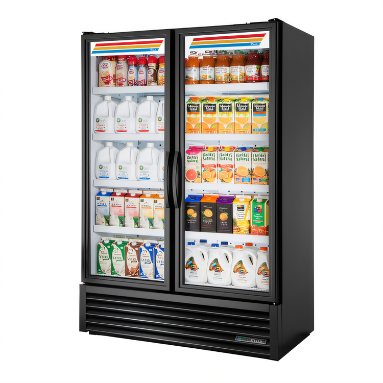 Product image #1 for True Full-Length 2-Section Glass Door Refrigerated Merchandiser, 8 Shelves, Black