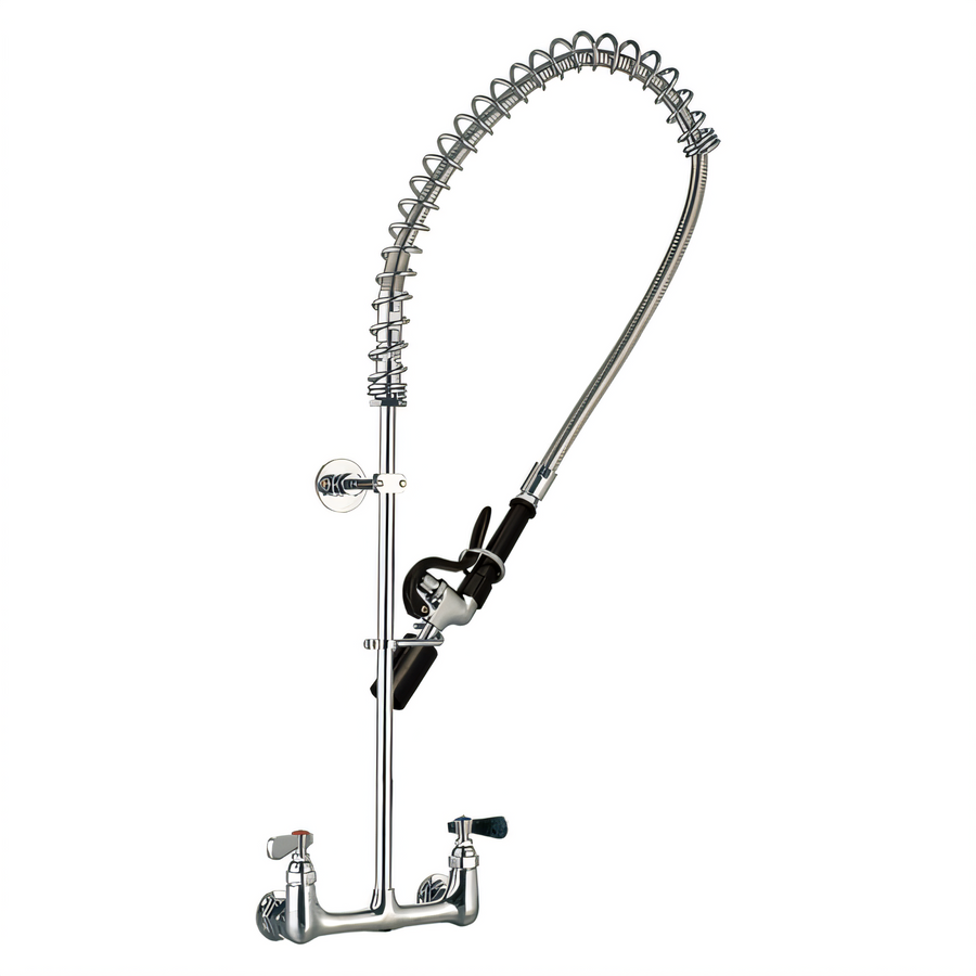 Product image #1 for Tap Wall-Mount Pre-Rinse Faucet with 8-Inch Centers, Lever Handles, 24-Inch Brass Riser and 44-Inch Stainless Steel Hose