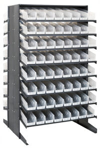 Quantum Sloped Double-Sided Pick Rack, 36 x 36 x 60 Inches, 16-Shelf Configuration, with 128 Clear Bins