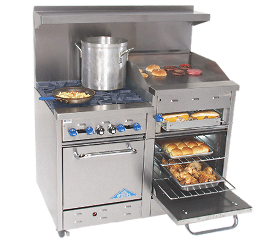 Product image #1 for Comstock-Castle F3218-36B 48-Inch Commercial Gas Range with 2 Open Burners, 36-Inch Raised Griddle, and 2 Space-Saver Ovens