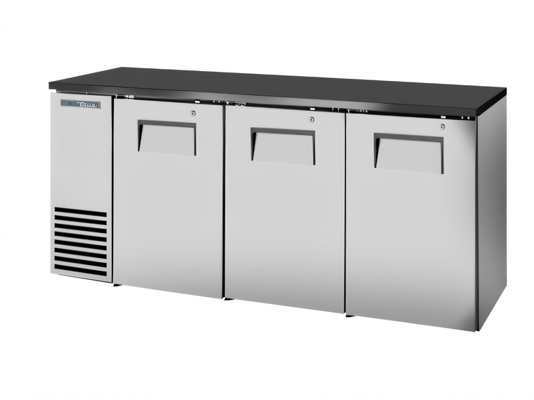 Product image #1 for 72-Inch Three-Door Solid Swing Back Bar Cooler, 24-Inch Deep, Stainless Steel Exterior, Black Sub Top