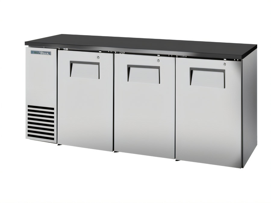 Product image #1 for 72-Inch Three-Door Solid Swing Back Bar Cooler, 24-Inch Deep, Stainless Steel Exterior, Black Sub Top