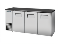72-Inch Three-Door Solid Swing Back Bar Cooler, 24-Inch Deep, Stainless Steel Exterior, Black Sub Top