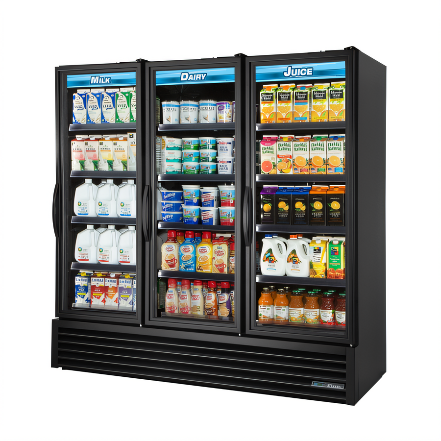 Product image #1 for True Three-Section Full-Length Glass Door Refrigerated Merchandiser with 12 Shelves, Black Exterior