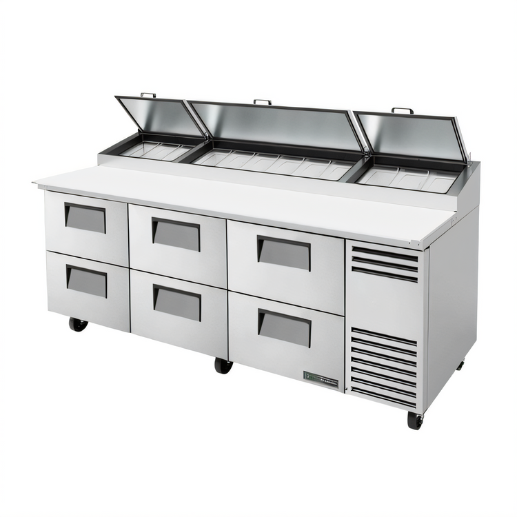Product image #1 for True 93.5-Inch 3-Section Pizza Prep Table with 6 Drawers and Self-Contained Refrigeration