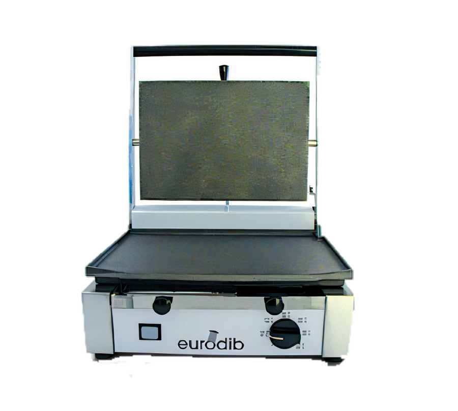 Product image #1 for Eurodib Single Countertop Panini Grill with Flat Cast Iron Top and Bottom Plates, 14.5 x 10 Inch, 220V