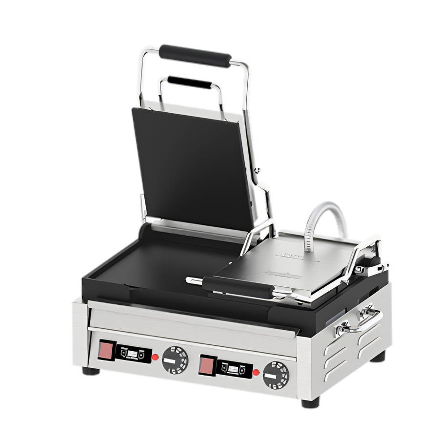 Product image #1 for Omcan Commercial Countertop Double Panini Grill with Timer, 10 x 18-Inch Smooth Cast Iron Plates, 220V