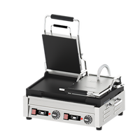 Omcan Commercial Countertop Double Panini Grill with Timer, 10 x 18-Inch Smooth Cast Iron Plates, 220V