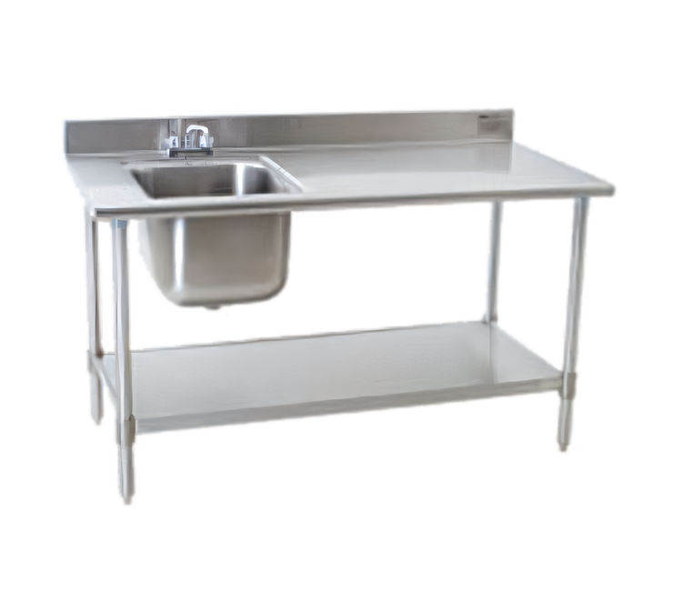 Product image #1 for Eagle Group Deluxe 60-Inch x 30-Inch 16-Gauge Stainless Steel Sink Work Table with Right-Side Bowl, Backsplash, and Adjustable Undershelf