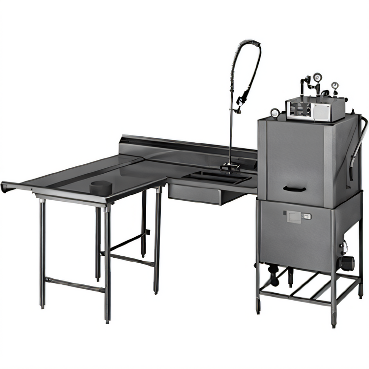 Product image #1 for Eagle Group Island Soiled Dish Table with Dish Landing Shelf and Pre-Rinse Sink, 84" Machine-to-Corner x 60" Corner-to-End, Right-to-Left