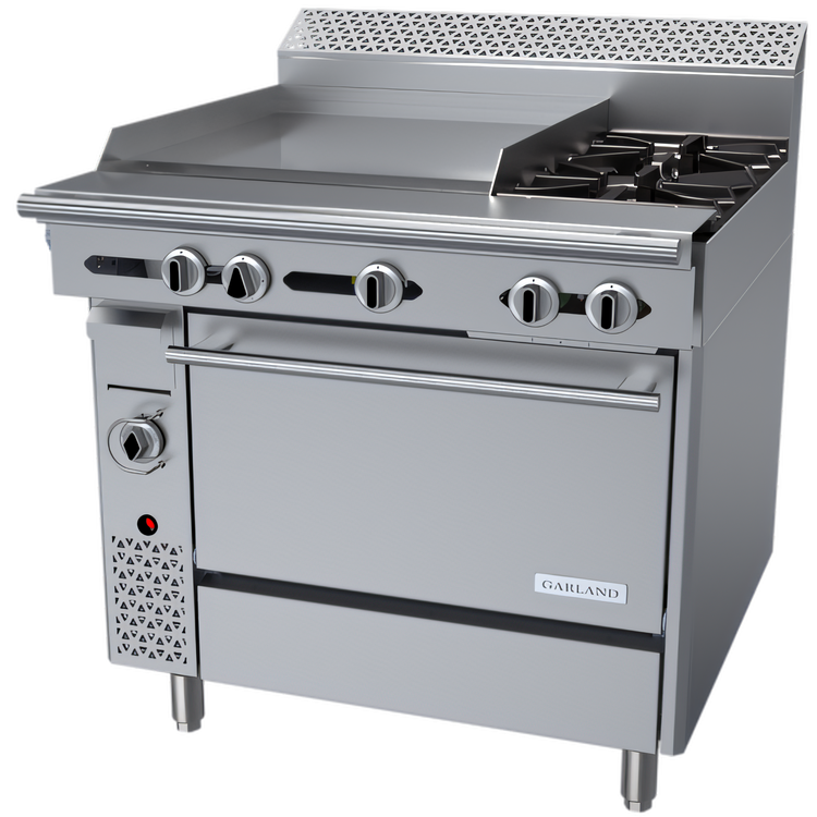 Product image #1 for Garland Cuisine 36-Inch Heavy Duty Gas Combination Top Range with 24-Inch Left Griddle, 2 Right Open Burners, and Standard Oven