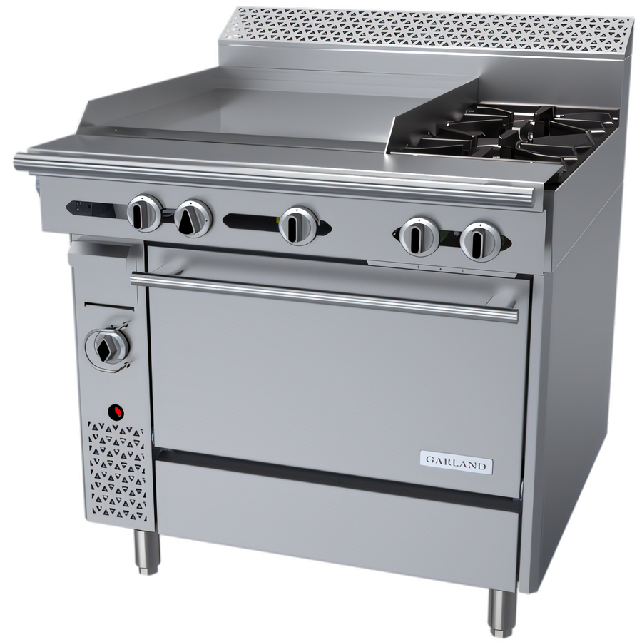 Product image #1 for Garland Cuisine 36-Inch Heavy Duty Gas Combination Top Range with 24-Inch Left Griddle, 2 Right Open Burners, and Standard Oven