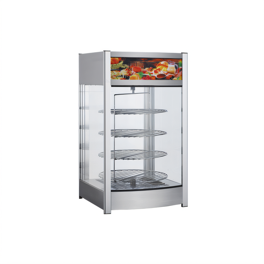 Product image #1 for CAC China 18-Inch Heated Rotating Countertop Food Display Merchandiser with 4-Tier Chrome Rack, Stainless Steel and Glass