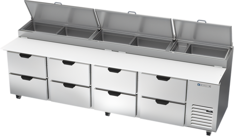 Product image #1 for Beverage-Air 119-Inch Four-Section Pizza Prep Table with 8 Drawers and Refrigerated Pan Rail