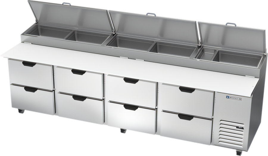 Product image #1 for Beverage-Air 119-Inch Four-Section Pizza Prep Table with 8 Drawers and Refrigerated Pan Rail