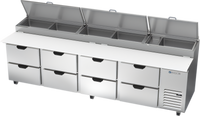 Beverage-Air 119-Inch Four-Section Pizza Prep Table with 8 Drawers and Refrigerated Pan Rail