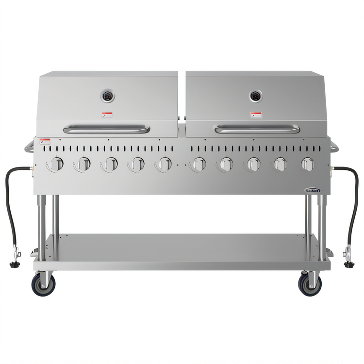 Product image #1 for KoolMore 72-Inch Mobile 10-Burner Commercial Outdoor Propane Grill with Two 36-Inch Roll Dome Covers