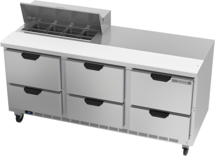 Product image #1 for Beverage-Air SPED72HC-08-6 72-Inch Three-Section Sandwich Top Refrigerated Prep Table with 6 Drawers and 8-Pan Opening