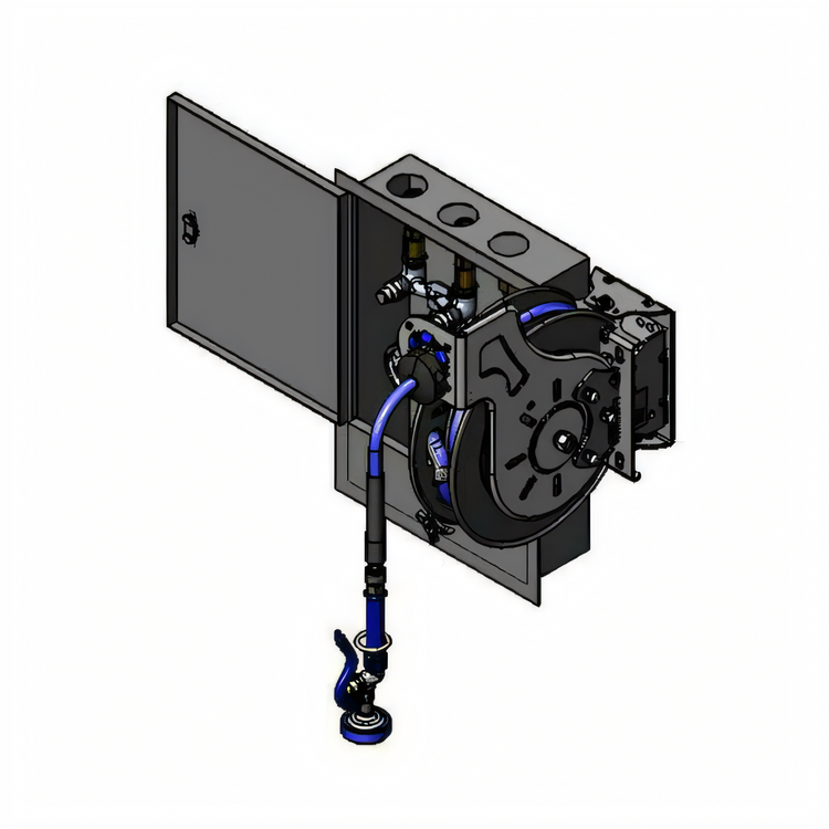 Product image #1 for Retractable Hose Reel Assembly with Stainless Steel Water Control Cabinet, Open Coated Reel, 35-Foot Hose, Wall Mount