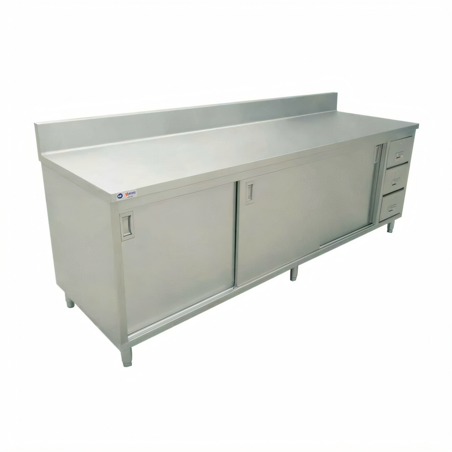 Product image #1 for 72-Inch Stainless Steel Cabinet Base Work Table with Sliding Doors and 3 Drawers, 30-Inch Deep, 6-Inch Backsplash