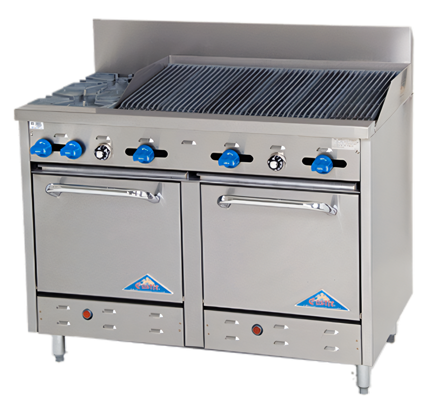 Product image #1 for Comstock-Castle 48-Inch Gas Range with 2 Open Burners, 36-Inch Char-Broiler, and 2 Space-Saver Ovens