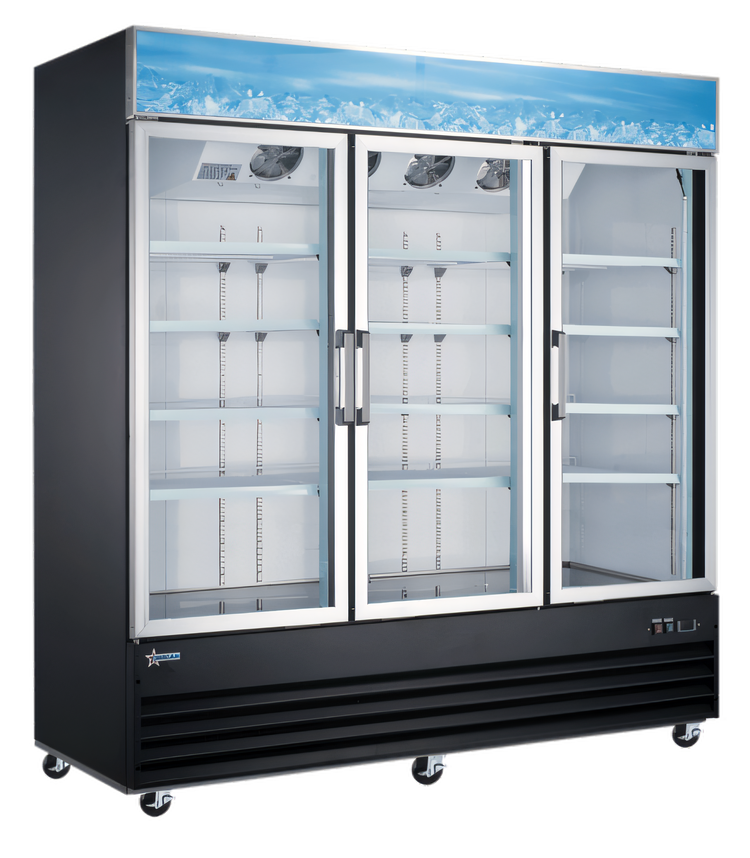 Product image #1 for Omcan USA Three-Section Reach-In Glass Door Merchandiser Refrigerator, 53 Cu. Ft., Bottom-Mount Self-Contained, Black