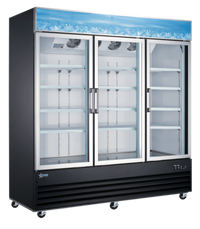 Omcan USA Three-Section Reach-In Glass Door Merchandiser Refrigerator, 53 Cu. Ft., Bottom-Mount Self-Contained, Black