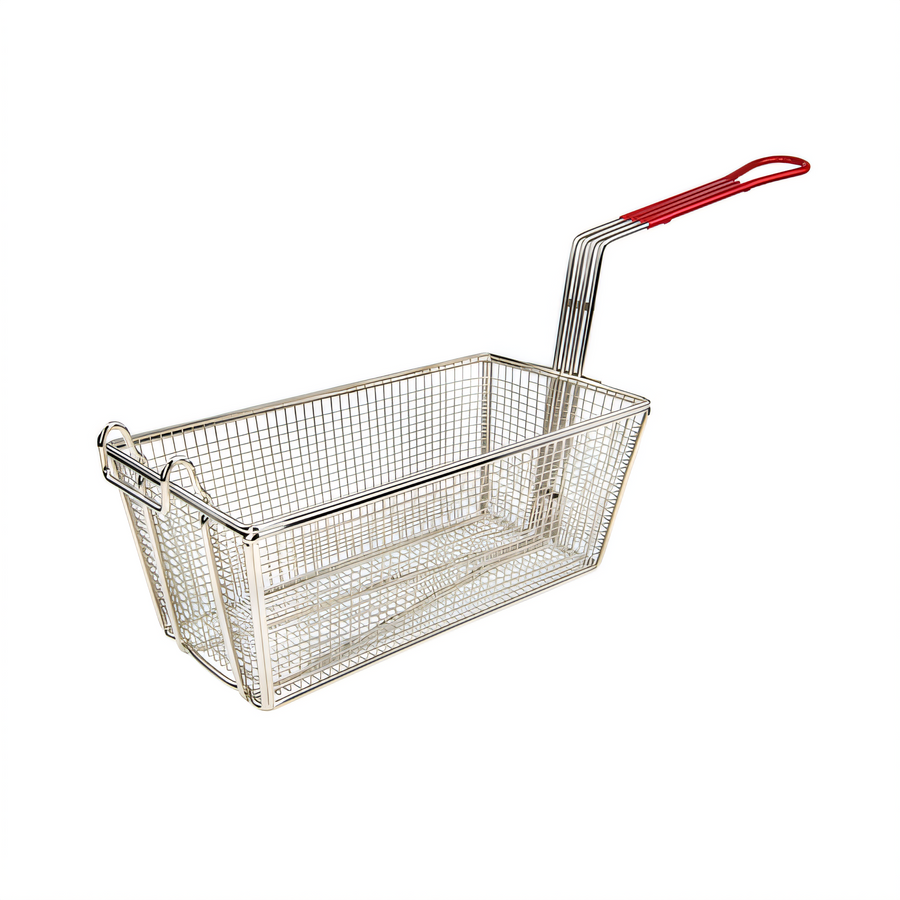 Product image #1 for Winco FB-25 Rectangular Nickel-Plated Steel Floor Fryer Basket with Red Handle, 12-7/8 x 6-5/8 x 5-1/4 Inch