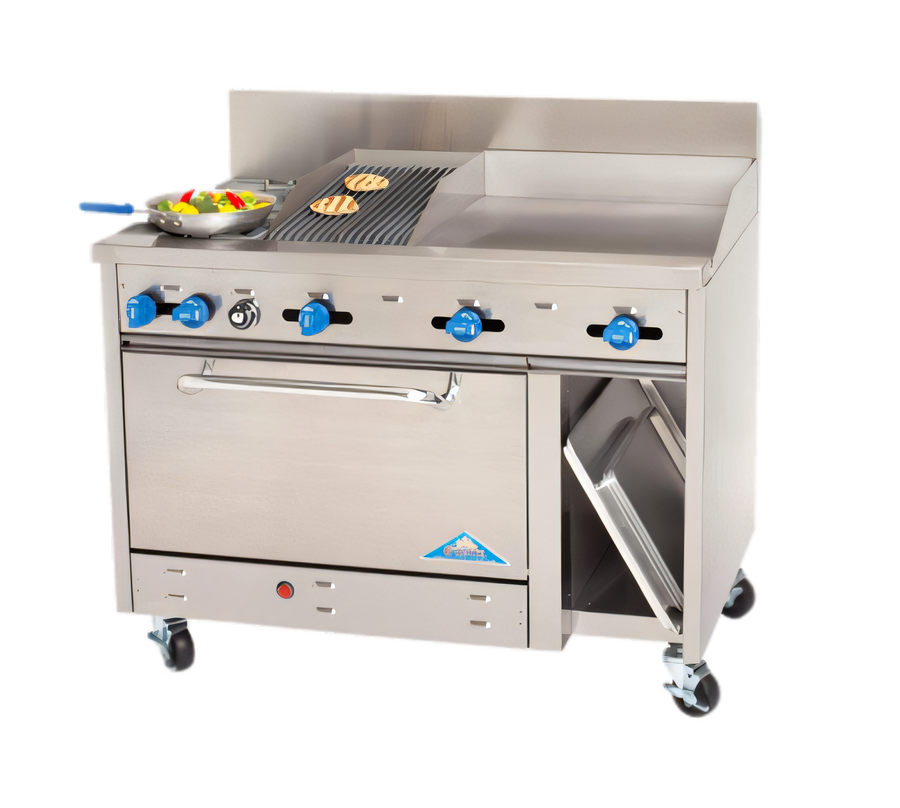 Product image #1 for Comstock-Castle 48-Inch Stainless Steel Commercial Gas Range with 2 Open Burners, 18-Inch Griddle, 18-Inch Char-Broiler, 31-Inch Oven, and Cabinet Base
