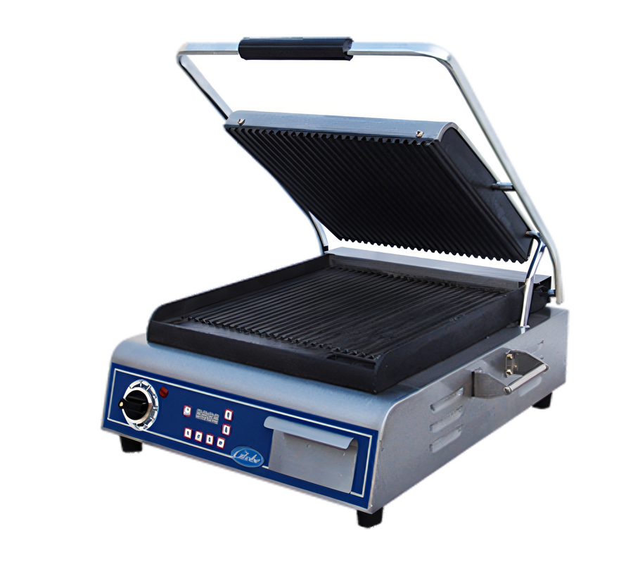 Product image #1 for Globe Deluxe 14-Inch Single Countertop Electric Sandwich/Panini Grill with Grooved Cast Iron Plates