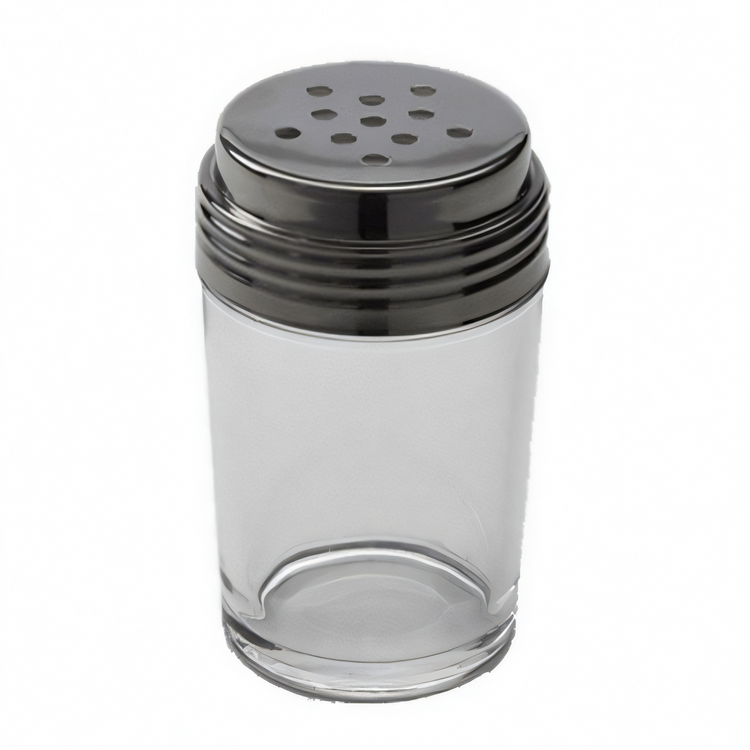 Product image #1 for Contemporary Clear Glass Cheese Shaker with Perforated Stainless Steel Lid, 6 oz.