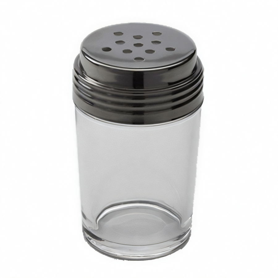 Product image #1 for Contemporary Clear Glass Cheese Shaker with Perforated Stainless Steel Lid, 6 oz.