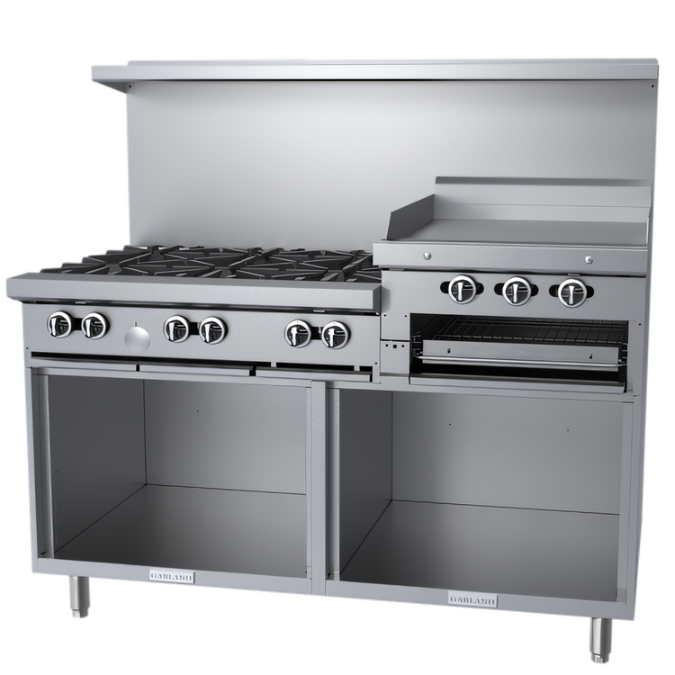 Product image #1 for Garland G Starfire Pro 60-Inch Commercial Raised Griddle/Broiler Gas Range with 6 Open Burners and Double Storage Base