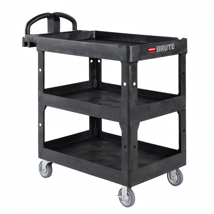 Product image #1 for Rubbermaid Commercial BRUTE Medium 3-Shelf Heavy-Duty Ergo Utility Cart, 600 lb. Capacity, Black