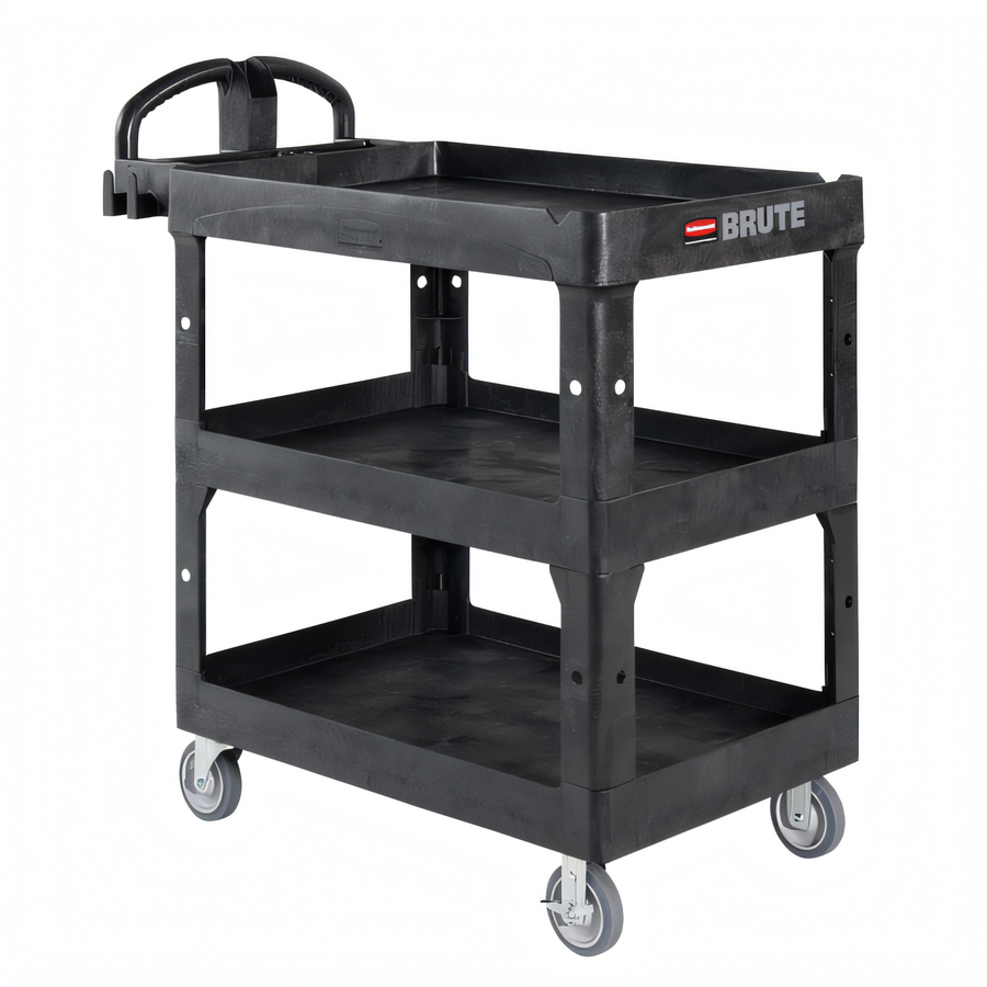 Product image #1 for Rubbermaid Commercial BRUTE Medium 3-Shelf Heavy-Duty Ergo Utility Cart, 600 lb. Capacity, Black